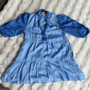 Light Blue Contrast-Sleeve Tiered Tunic Dress